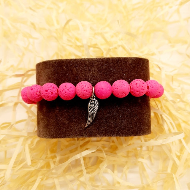 Pink Lava Stone Feather Charm Bracelet